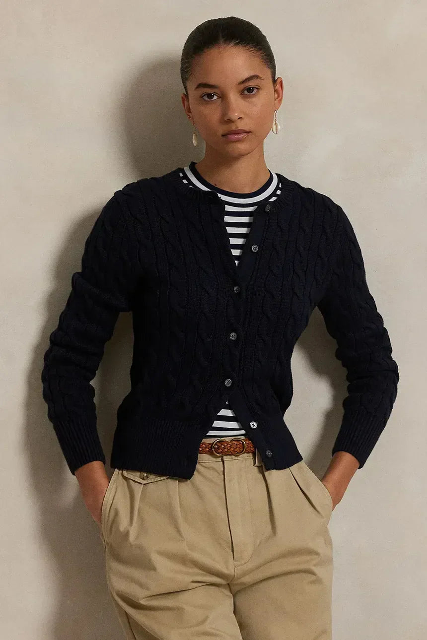 Cable-Knit Cotton Crewneck Cardigan
